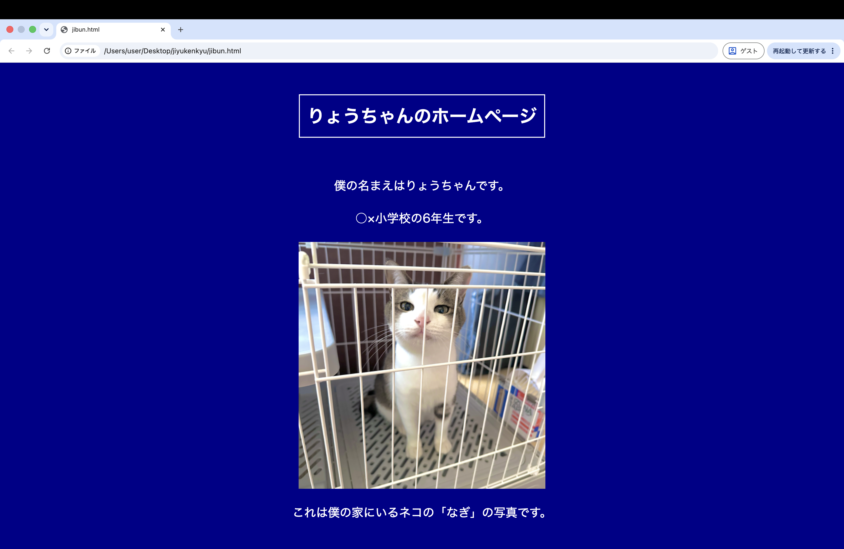 完成したりょうちゃんのホームページの画面